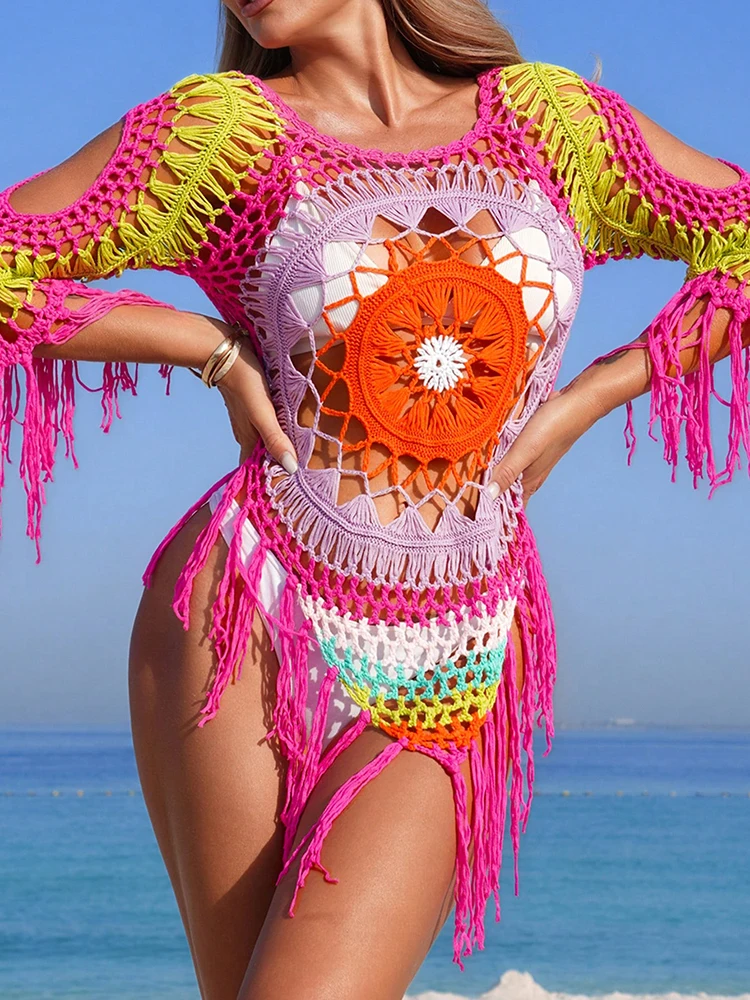 夏の女性用マルチクロシェビキニカバーアップ、透かし彫りタッセルトリム水着カバーアップ、水着ビーチウェアチュニックビーチドレス