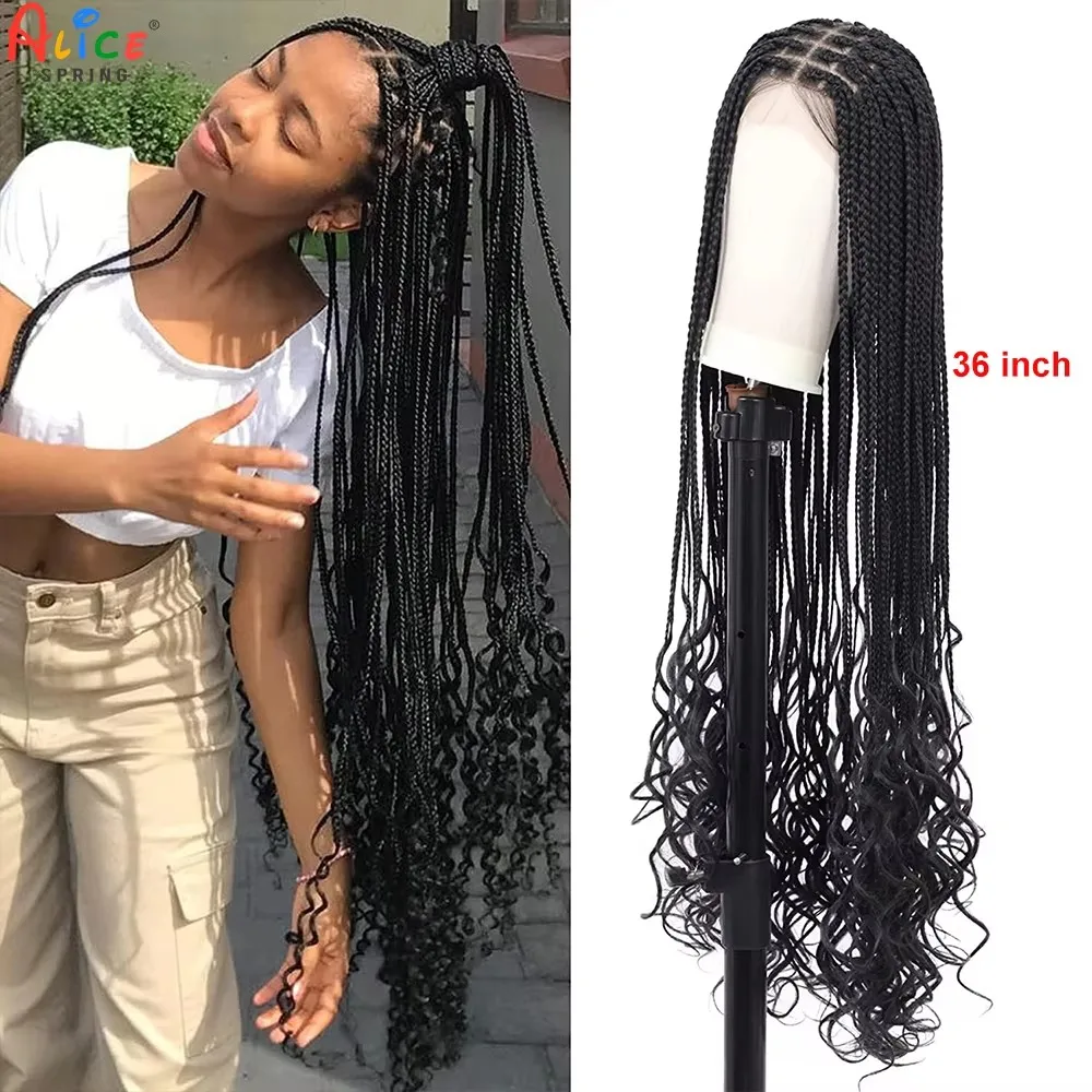 36 Inches Braided Wigs Synthetic Lace Front Wigs with Baby Hair Braided Wigs with Water Wave for Black Women Long Braided Wig