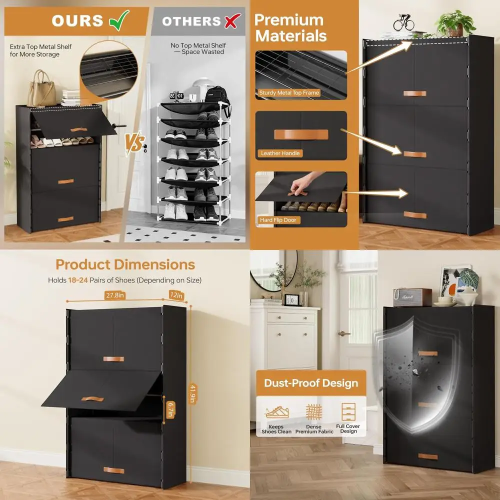 

6-уровневый закрытый шкаф для обуви с жесткой кромкой, пылезащитный органайзер для прихожей, гардеробной, спальни - черный, компактный дизайн