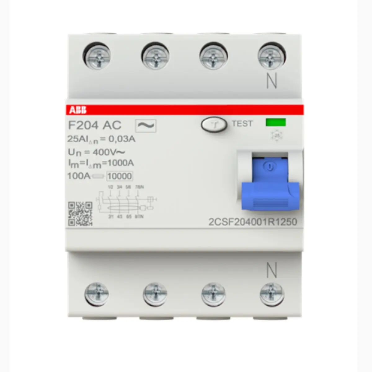 F204 AC-25/0.03 10071587 2CSF204001R1250 Residual Current Circuit Breaker F200 - 4P - 30 mA - 25 A - Type AC
