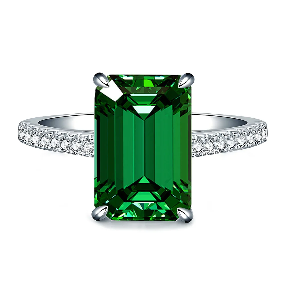 New S925 silver 8x12mm sugar cube rectangular emerald ring women's European and American ring high sense