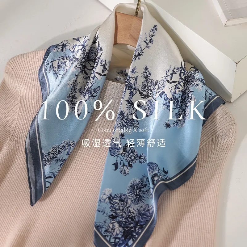 

100% Silk Scarf Print Hijab Hair Band Luxury Bandana Shawl Neckerchief Female Foulards Femme Hair Scarf Headscarf