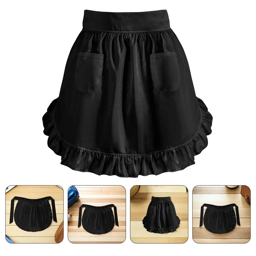 Black Maid Waist Apron Half Length Ruffled Edges with Dual Pockets Breathable Polyester Kitchen Cooking Baking Serving Apron