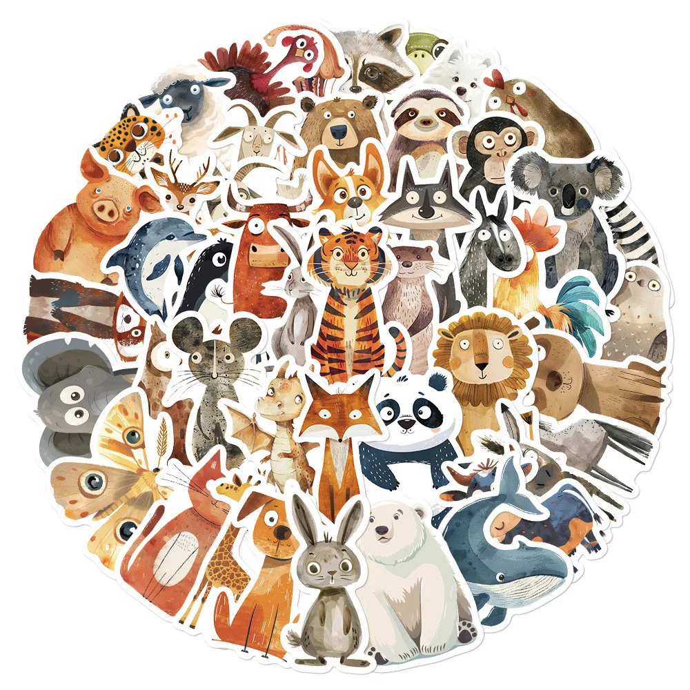 50 Pcs Quirky Watercolor Animal Cartoon Stickers - DIY Decals for Luggage, Laptops & Journals