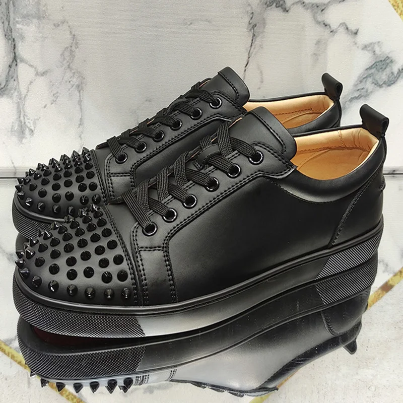 mens fashion rivets shoes black white original leather studded shoe stage nightclub dress flats platform sneakers mans footwear