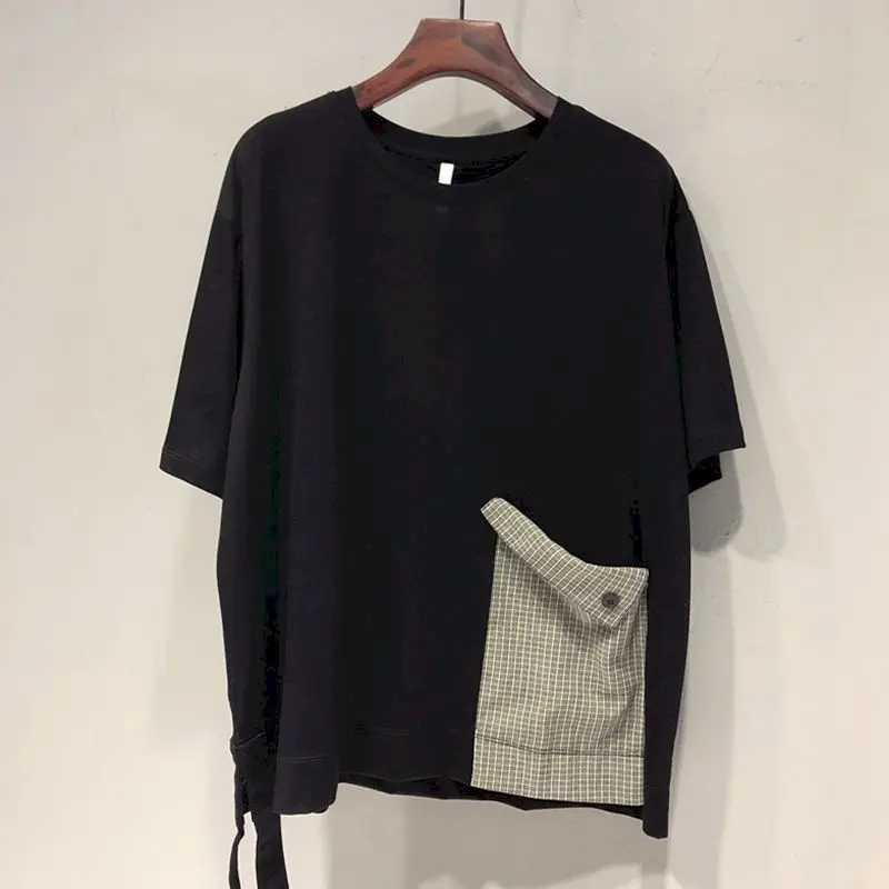 

Oversized T Shirts Women One-sided Plaid Pocket Bottoming Shirt Loose All-match Short-sleeved T-shirtsummer Fashion Trend Tops