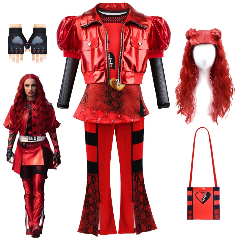 

Girls Descendants 4 Red Cosplay Costume Movie The Rise of Red Accion Halloween Disguise Party Dress Up Suit For Kids