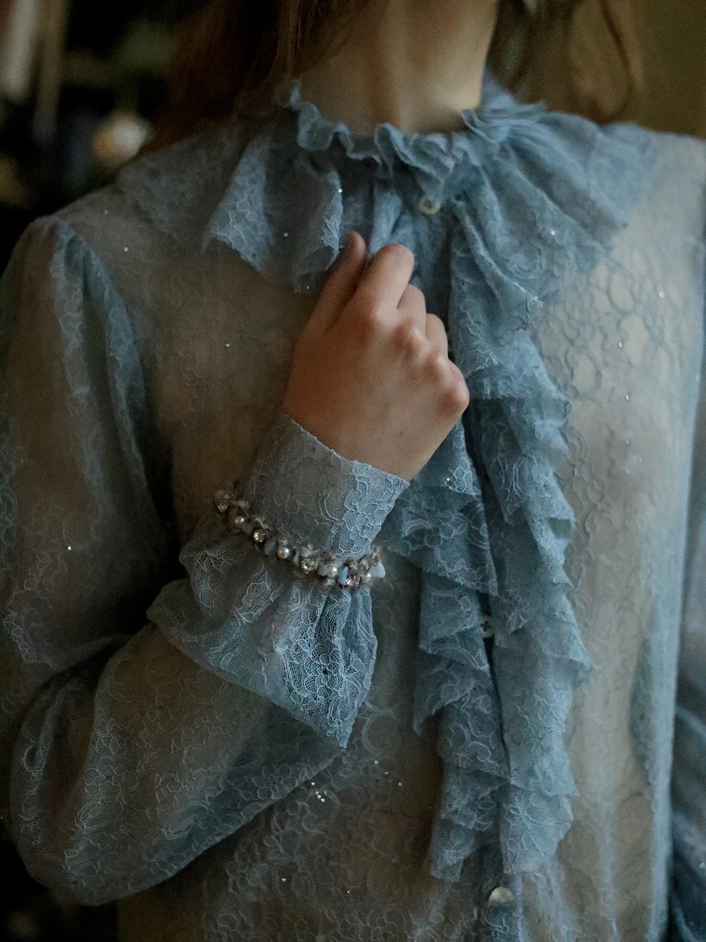 

Женская весенняя модная блузка Raynag Original Blue Starlight Lace с V-образным вырезом, свободного кроя, с длинными рукавами-колокол, из нейлоново-хлопковой смеси