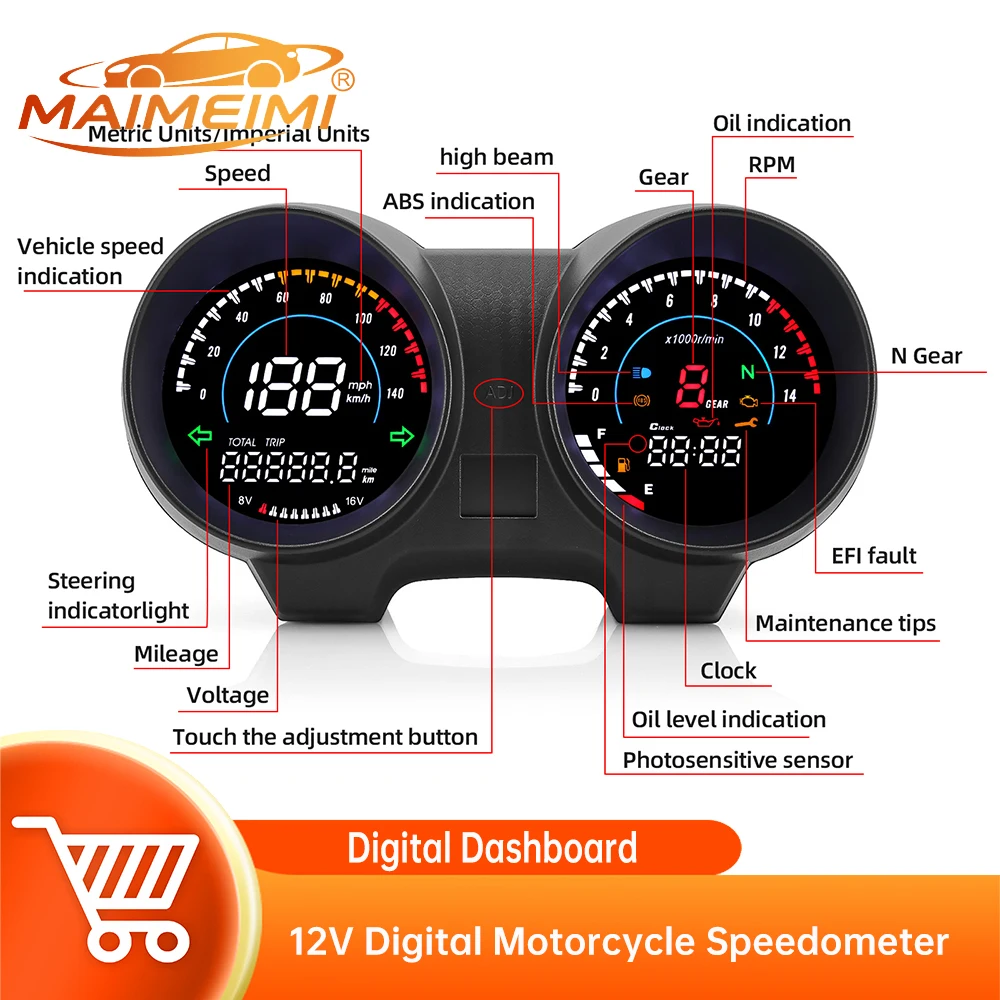 LCD Digital Motorcycle Speedometer Moto Speed Gauge mph/kmh With Tachometer high beam lights signal lights For MAX125 Brazil