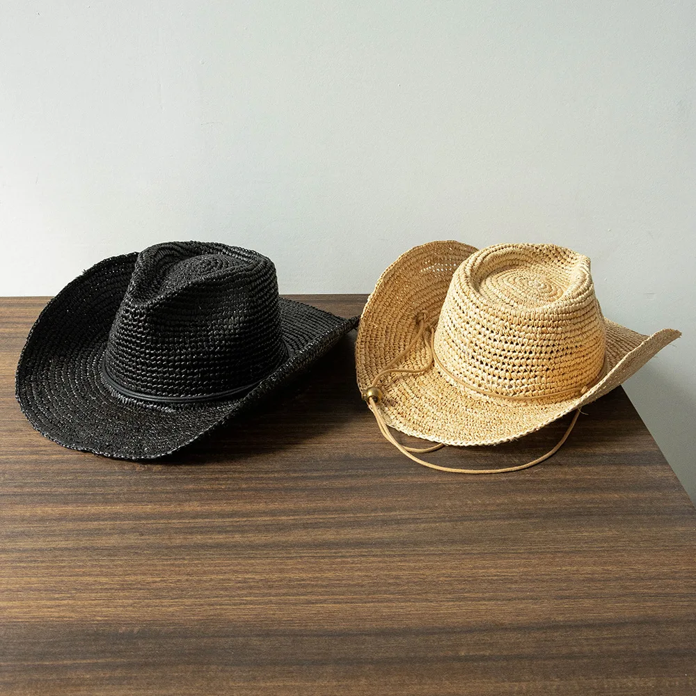 

Casual Men's and Women's Hand-Knitted Crochet Raffia Large Brim Ruffled Cowboy Hat Outdoor Sunshade and Sun Protection Straw Hat