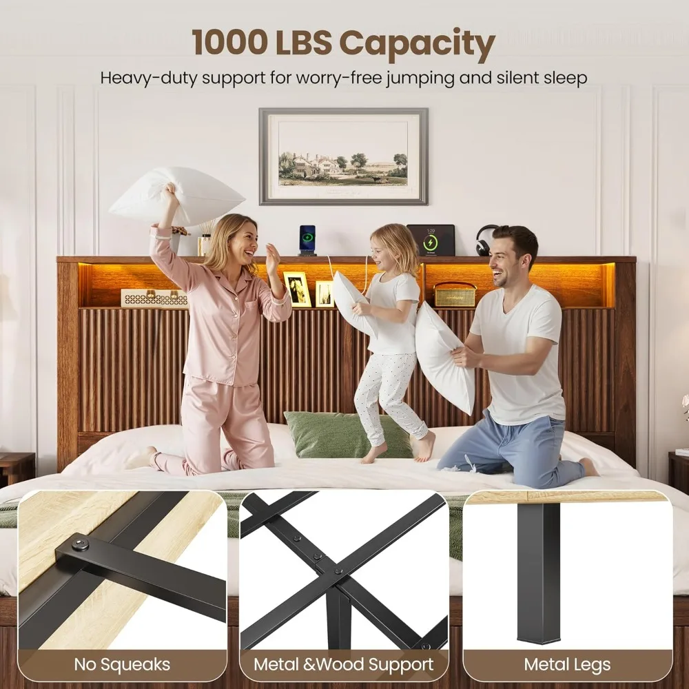 

King Size Bed Frame with 2 Storage Drawers, Charging Port & LED Light, Wood King Bed Frame and 2-Tier Headboard, Wood