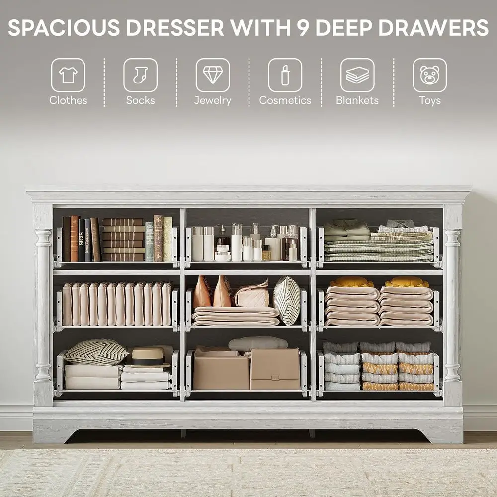 9-Drawer Wide Wood Chest with Column, 65 TV Stand, and Bedroom Storage Solutions for Living Room and Hallway