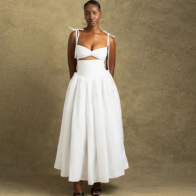 Sexy Spaghetti Strap sin tirantes A-line Vestidos de fiesta mujer sin mangas recortado plisado cumpleaños Club noche Maxi vestido Vestidos
