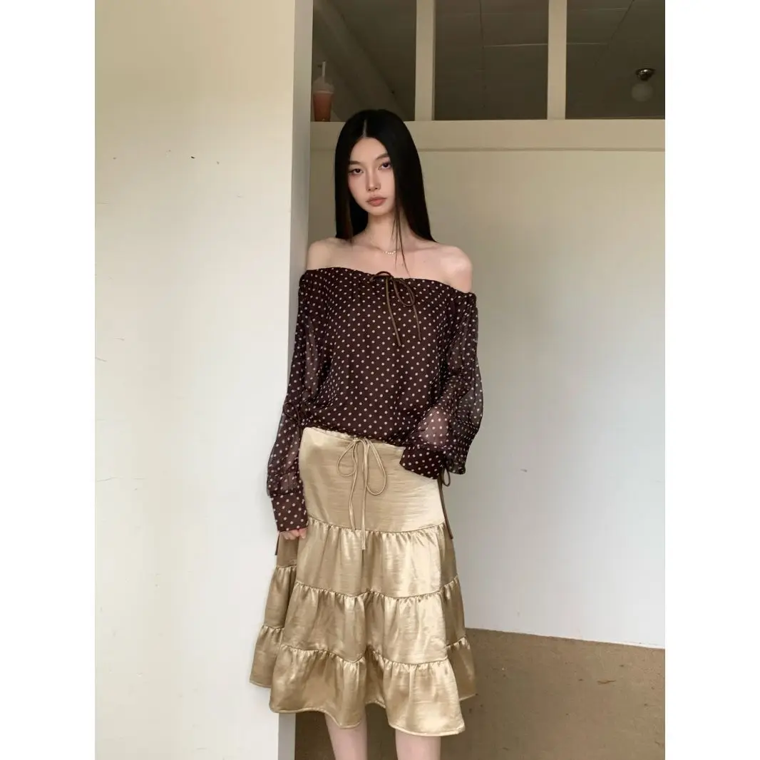 Design Polka Dot Lace-up Shoulder Long Sleeve Loose Top Women