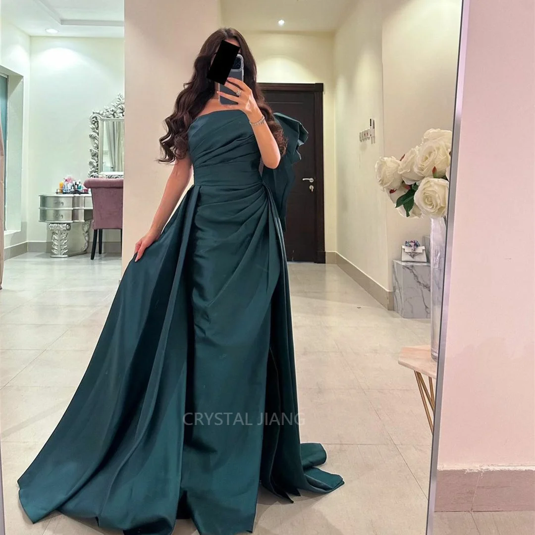 Long Satin Green One Shoulder Evening Dresses  فساتين السهرة Sheath Pleated Floor Length Prom Dress Robe de soirée for Women