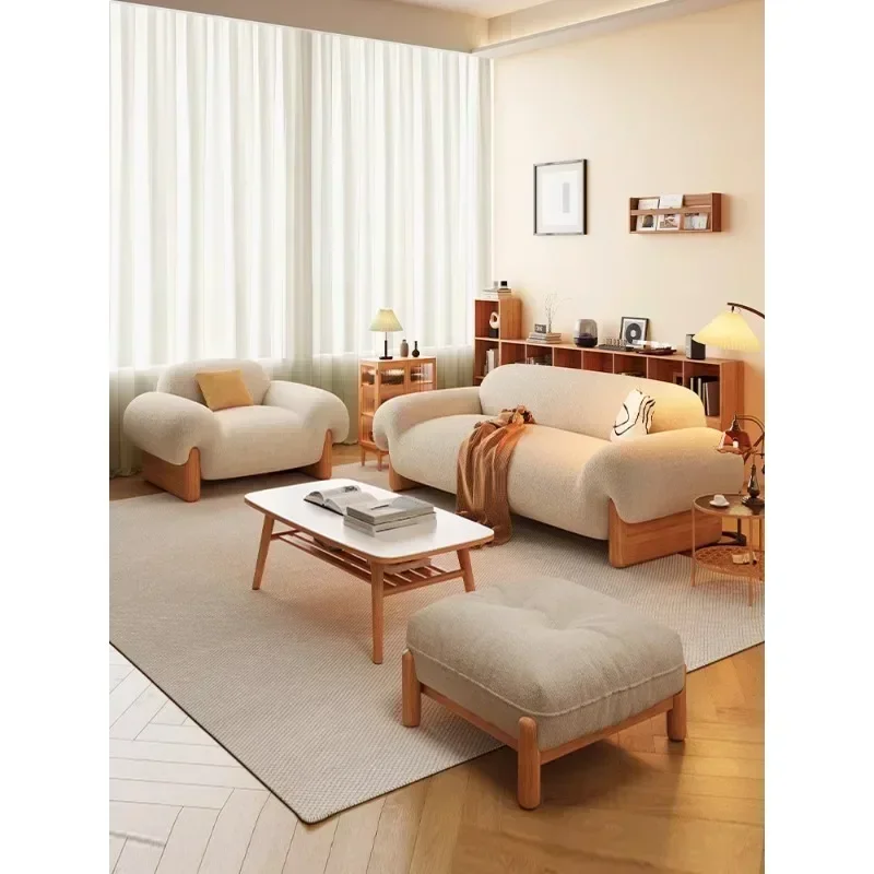 Hot SalesJapanese Cherry Wood Sofa Living Room Simple Modern Fabric Straight Row Small Apartment Lamb Flannel Cream Log Wind