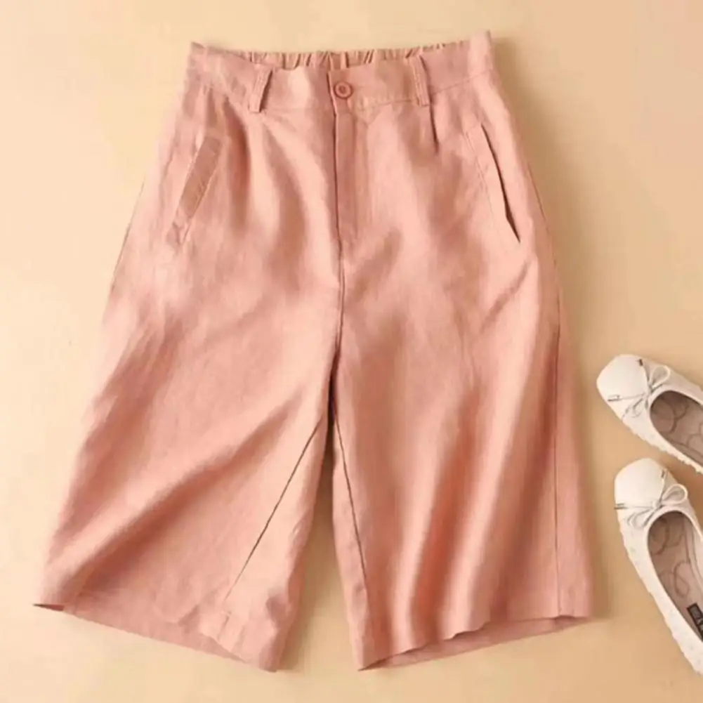 Cotton Linen Women Suit Shorts Elastic Waistband Women Shorts High Waist Straight Wide Leg A Line Work Shorts Casual Short Pants