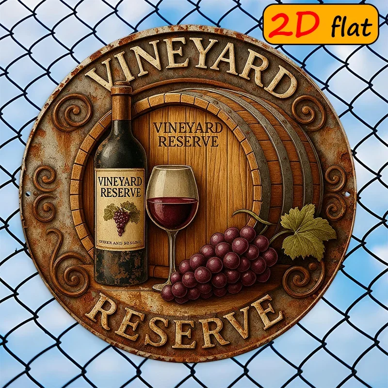 2D Flat Vintage Vineyard Reserve Wine Grape Barrel Round Metal Sign Retro Rustic Tin Plate Wall Decor for Bar Wine Cellar Kitche