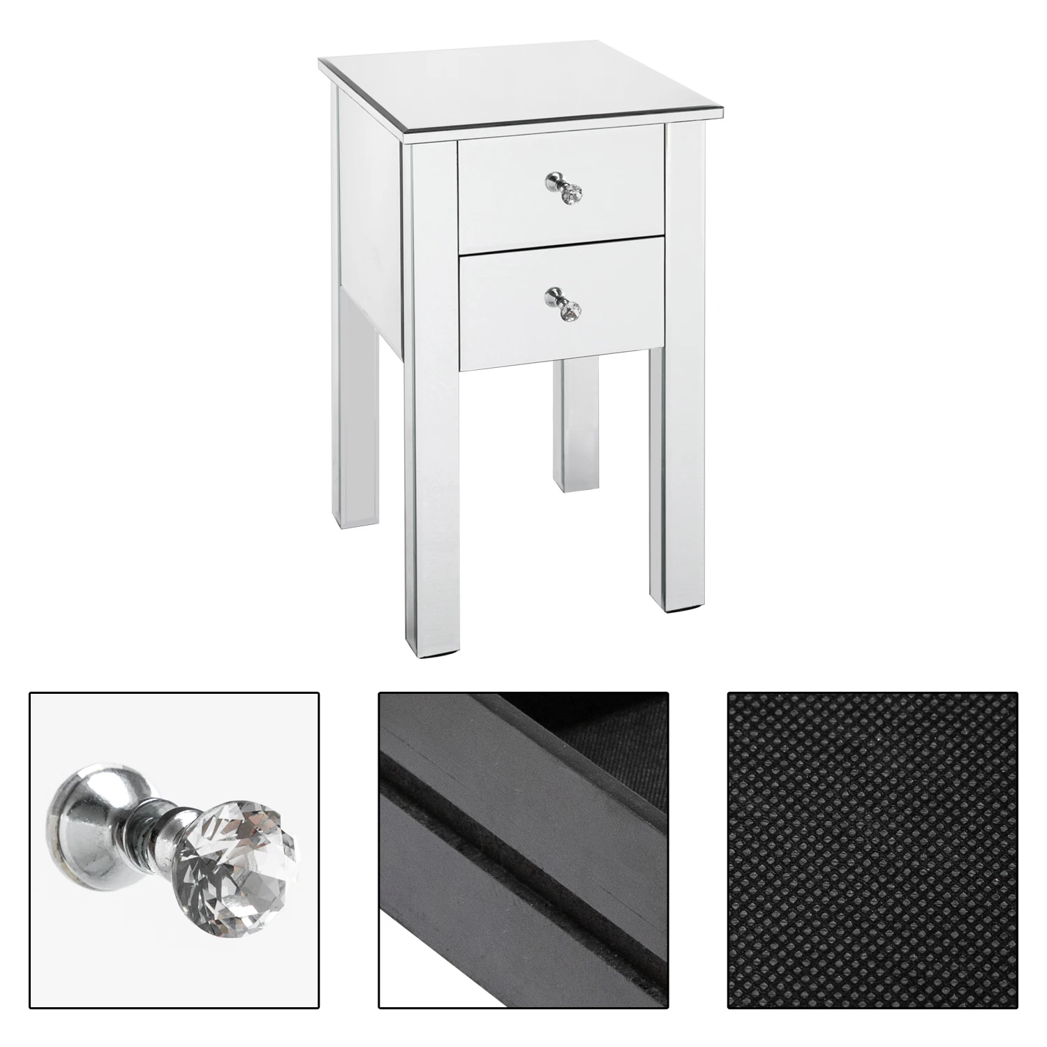 Modern and Contemporary Mirrored 2-Drawers Nightstand Bedside Table Silver