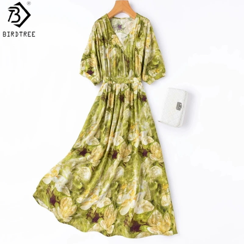 BirdTree, 100% Silk Print Dress, Short Sleeve V-neck, Women Double Crepe Drawstring Vacation Dresses, 2026 Summer New D65716JF