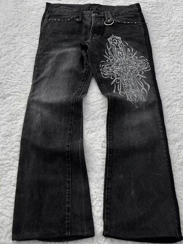 

Low Waist Bell Bottom Jeans Casual Punk Style Men Women High Street Y2K Loose Fit Floor Length Pants Cotton Polyester Blend