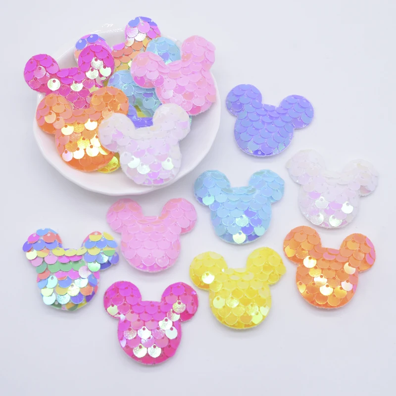 32Pcs 38*32mm Bling Seaquins Mouse Head Padded Appliques for DIY Headwear Hair Clips Bow Decor Clothes Hat Shoes Sewing Patches