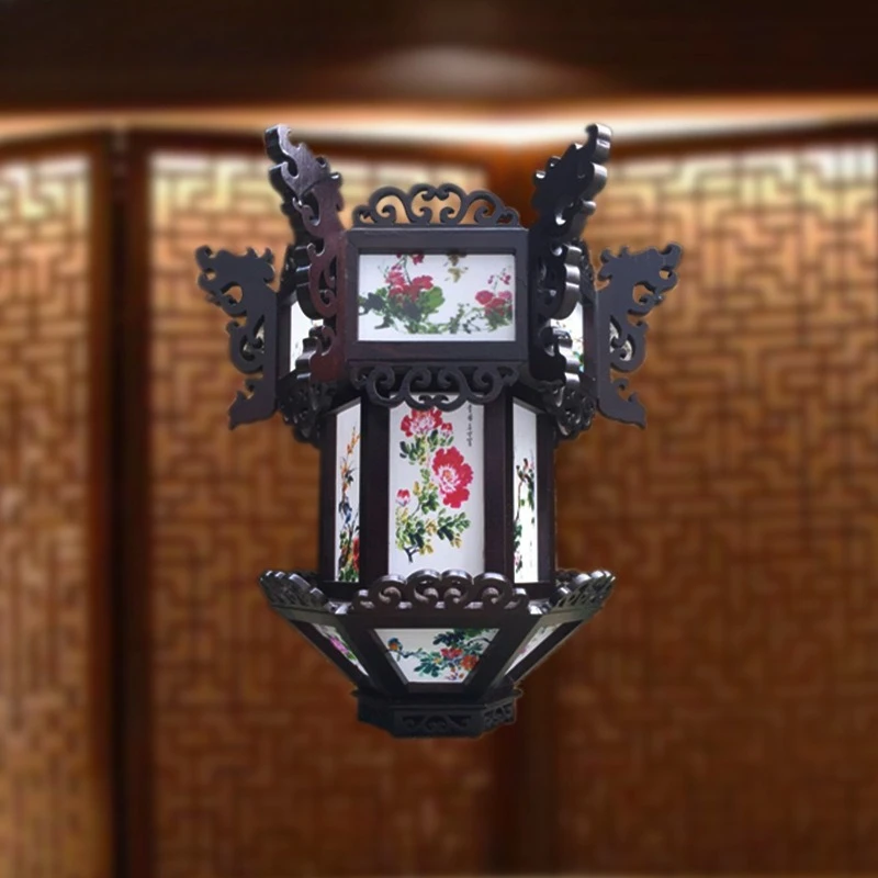 Antique wooden hexagonal palace lamp chandelier, white imitation sheepskin flower and bird painting solid
