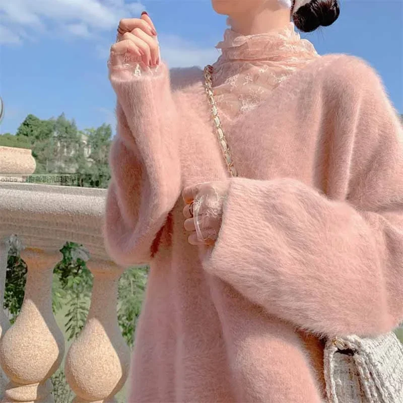 Sweater bulu halus wanita, pullover rajutan kasual longgar, warna murni leher V kasmir, mode baru musim semi 2025