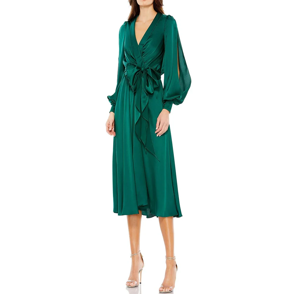 

Women's A-line Cocktail Dresses Tea-length V-neck Full Sleeve Prom Gown Fashion Sashes Simple Draped Casual Customized Gowns