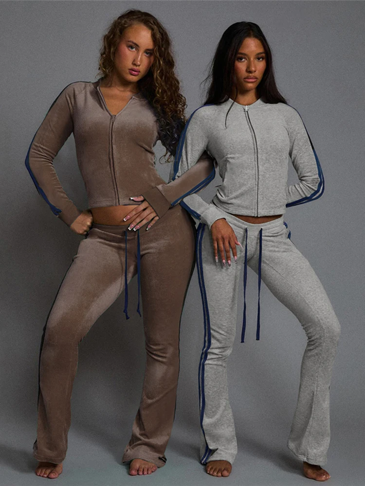 Cutenew 스트라이프 패치워크 2피스 세트 여성 트랙수트 지퍼 재킷+드로스트링 팬츠 매칭 스포티 캐주얼 스트레치 슬림 의상