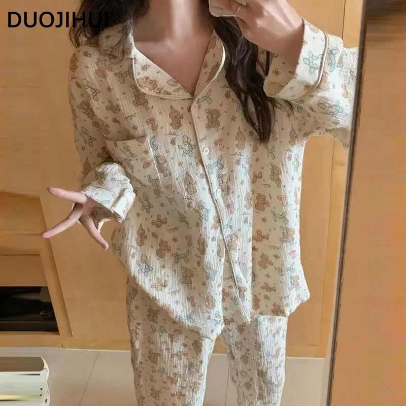 DUOJIHUI Loose Printing Casual Autumn New Female Pajamas Set Chic Button Cardigan Fashion Simple Long Pant Sweet Pijamas Women