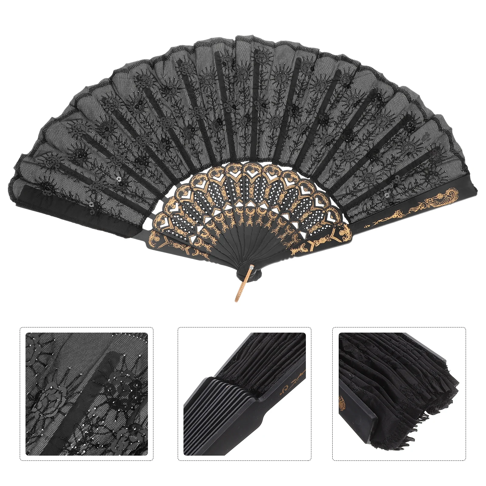 

Black Rod Embroidered Sequin Folding Fan Handheld for Wedding Dance Stage Tea Party Chinese Style Decorative Fan