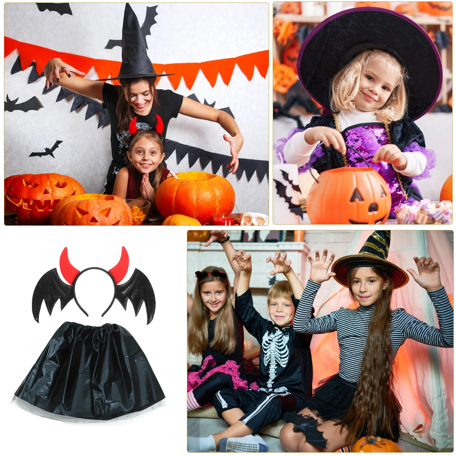 

Bat Wing Headb Horns Skirt Set Halloween Costume Material Party Cosplay Accessories Girls Hair Decorations