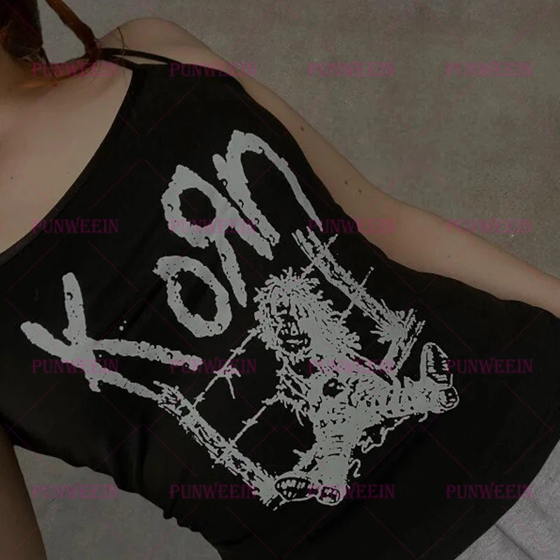 Vintage Harajuku Punk letter Graphic Y2k Aesthetics Sleeveless Tank Top KORN Goth Grunge Crop Tops Rock Print Baby Tank Emo girl