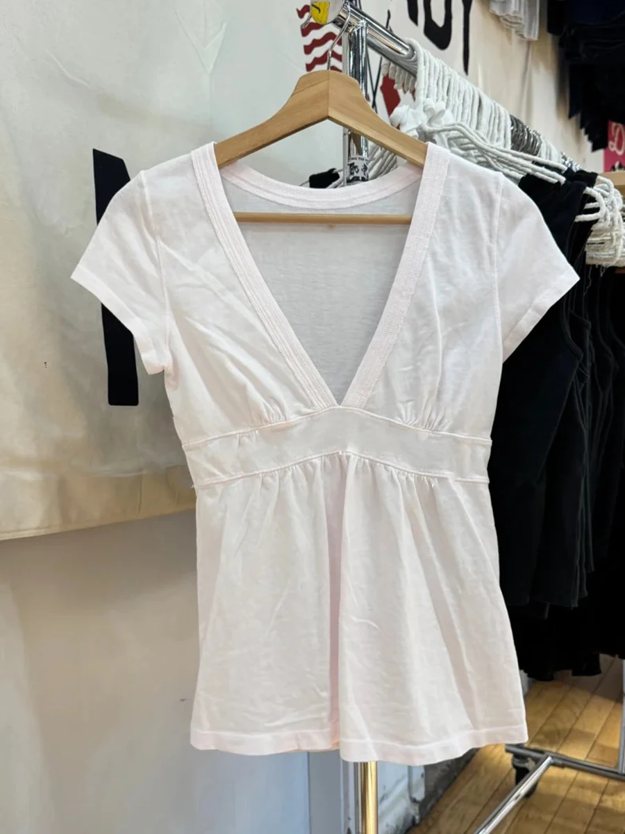 Pink Deep V-neck Long T-shirts Women Summer Casual Cute Short Sleeve Slim Tee Shirts Sweet Simple All-match Cotton Tshirt Y2K