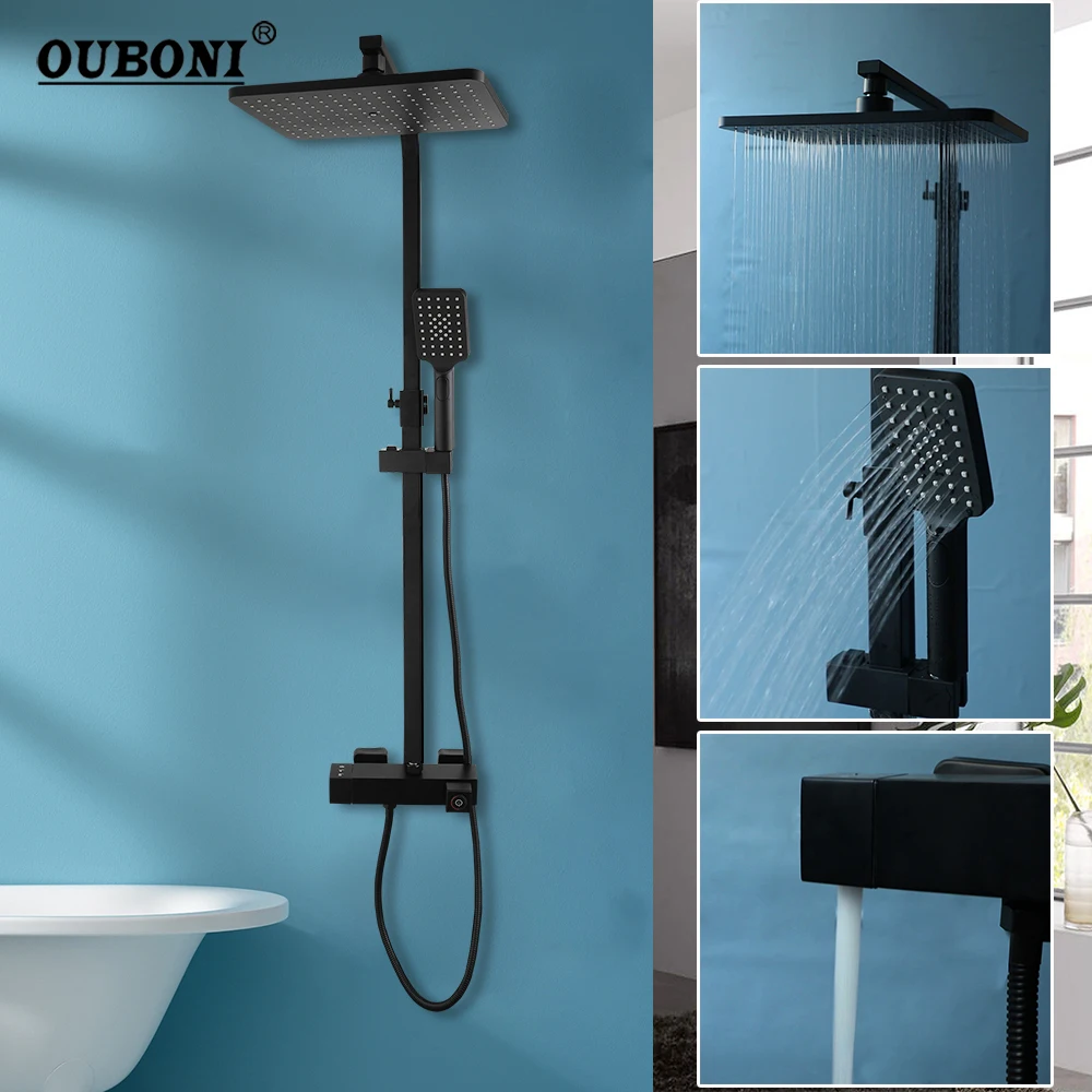 OUBONI Matte Black Bathroom Shower Set Square Handle 3 Functions Handheld Shower With 3 Levels Water Outlet Hot Cold Mixer Taps