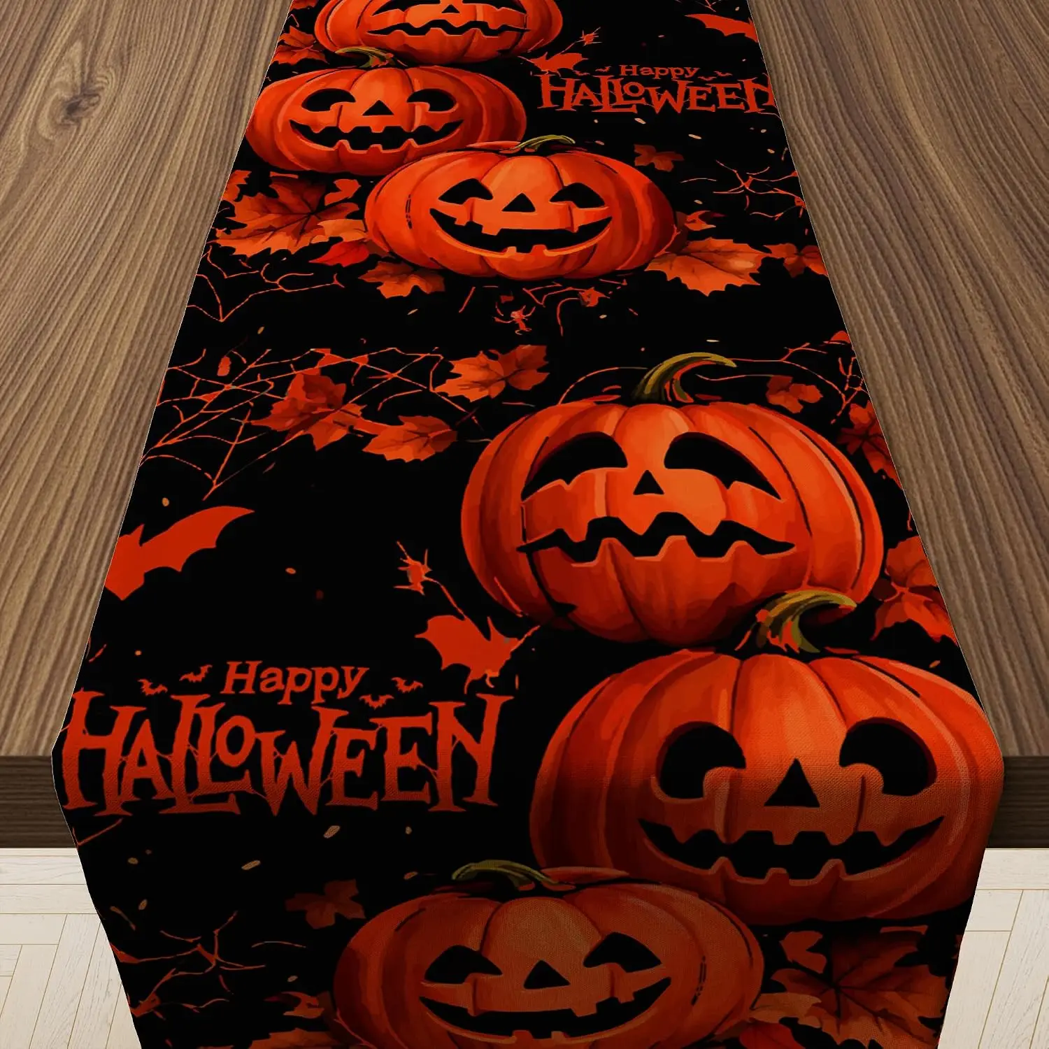 Happy Halloween Pumpkin Table Runner, Spooky Party Favors Indoor Outdoor Home Kitchen Dining Office Decor