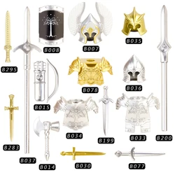 Medieval Military Building Blocks Spartan Warrior Weapons Gold Round shield spear Castle Knight Helmet Crossbow Bullhorn Hat Toy