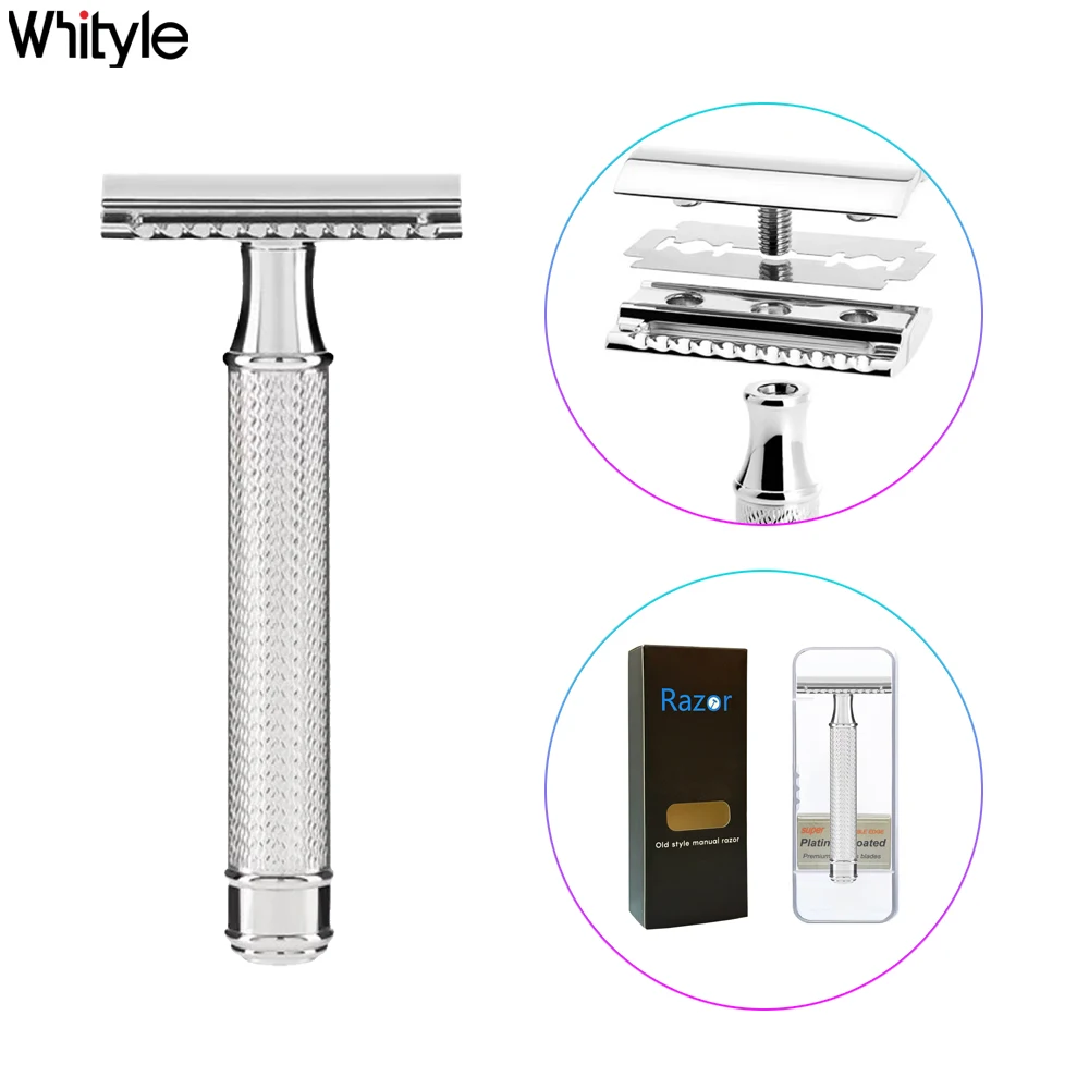 Whityle 07T High Quality Stainless Steel ECO-friendly Safety Razor Double-edged Blade Shaving Shaver With 5 Blades & Box for Men