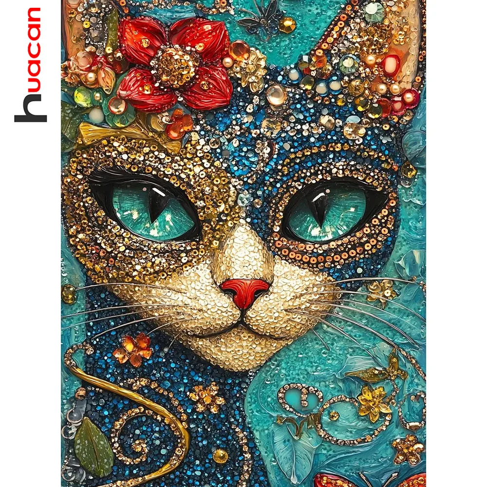 Huacan 5D DIY Diamond Painting Cat Flower Diamond Mosaic Animal Complete Kit Decorative Paintings