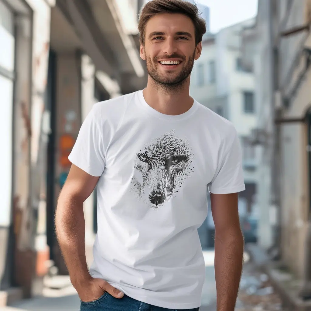 Men's T Shirt Wolf Fingerprint Nature Fox black and white