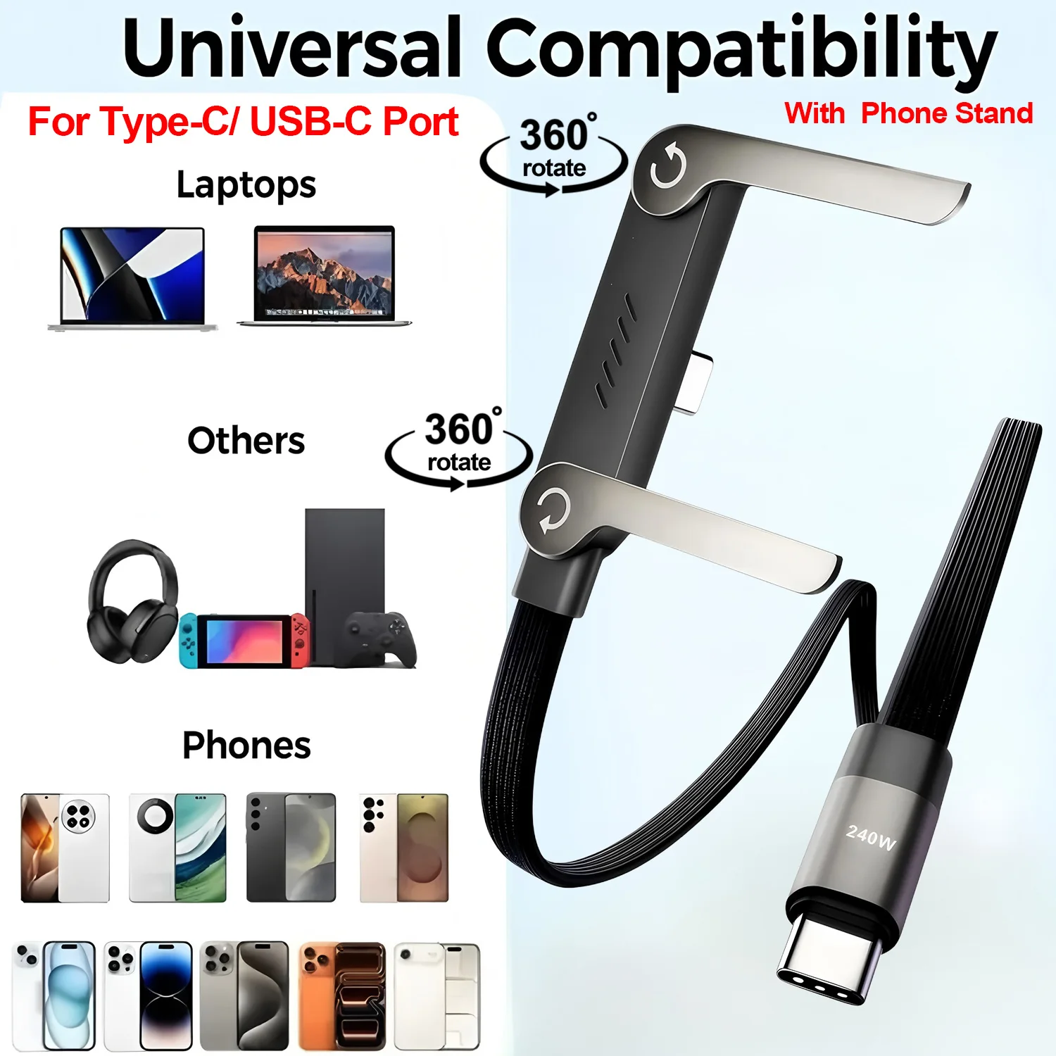 

240W Invisible Holder Charger Cable Fast Charging Cord With Built-in Phone Stand Charging Cable Type-C To Type-C Cable