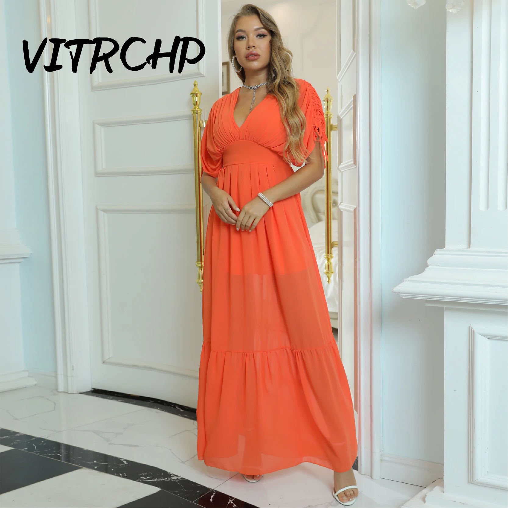 

VITRCHP Casual V-Neck Banquet Dresses Fashion Solid Drawstring Puff Sleeve Evening Dresses 2025 New Long Sleeve Cocktai Dresses