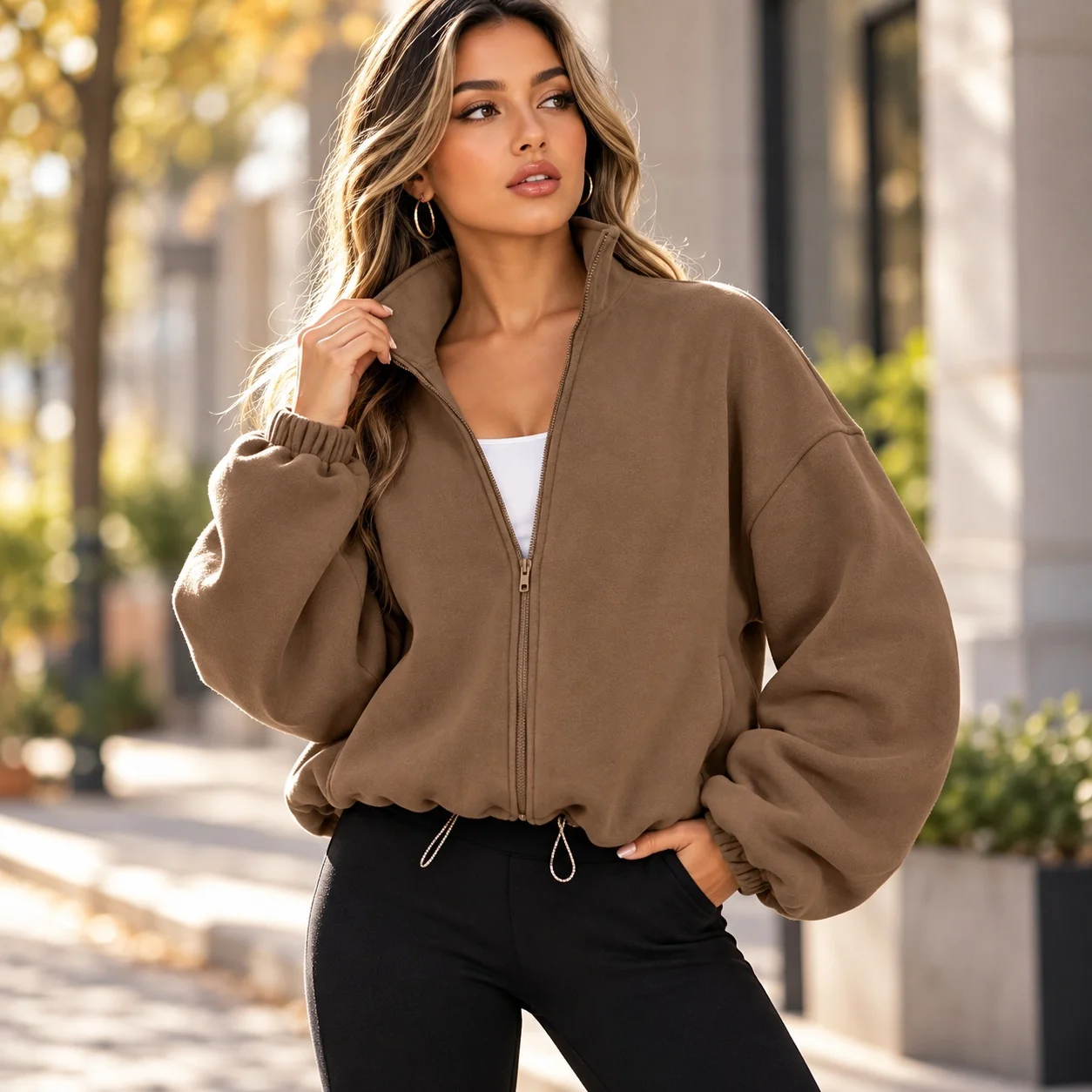 Zipper Stand Collar Jacket Loose Fit Casual Women Coat with Japanese Korean Casual Autumn Regular Length Cardigan Style Single