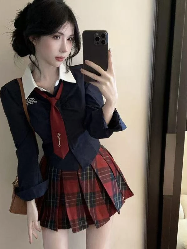 

High Waist Collar Long Sleeve Uniform Set for Women Spring College Style Color Block Half Skirt Fashionable Ensemble