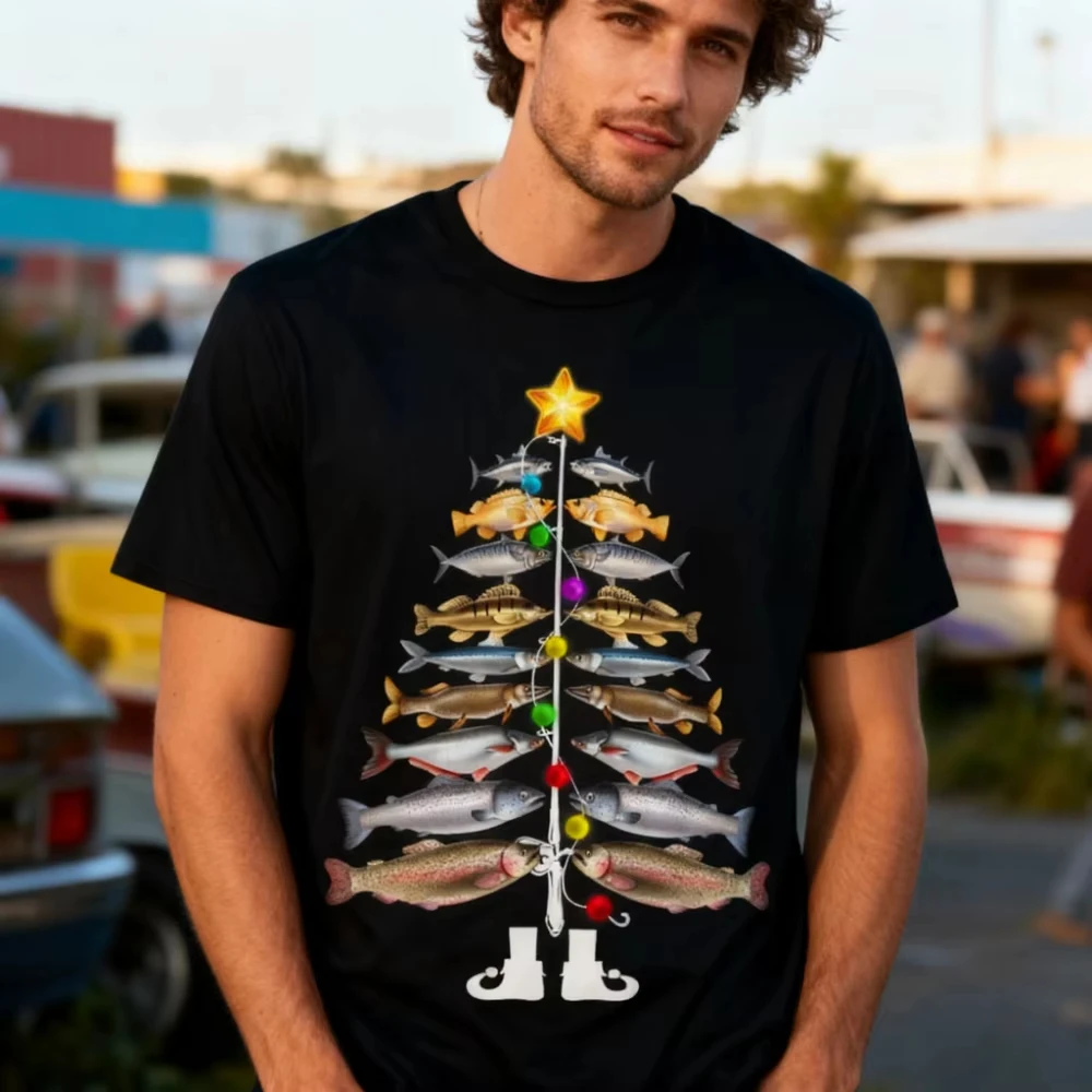 

Merry Fishmen Christmas Tree Tshirt Funny A Christmas Tree Made of Fish Graphic Printed T-shirt Men Fishing Enthusiast Gift Tops