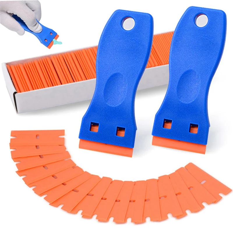 2PCS Window Glass Cleaning Scraper Tool and 100PCS Plastic Razor Blade Gasket Remover Adhesive Sticker Remover for Decals Labels