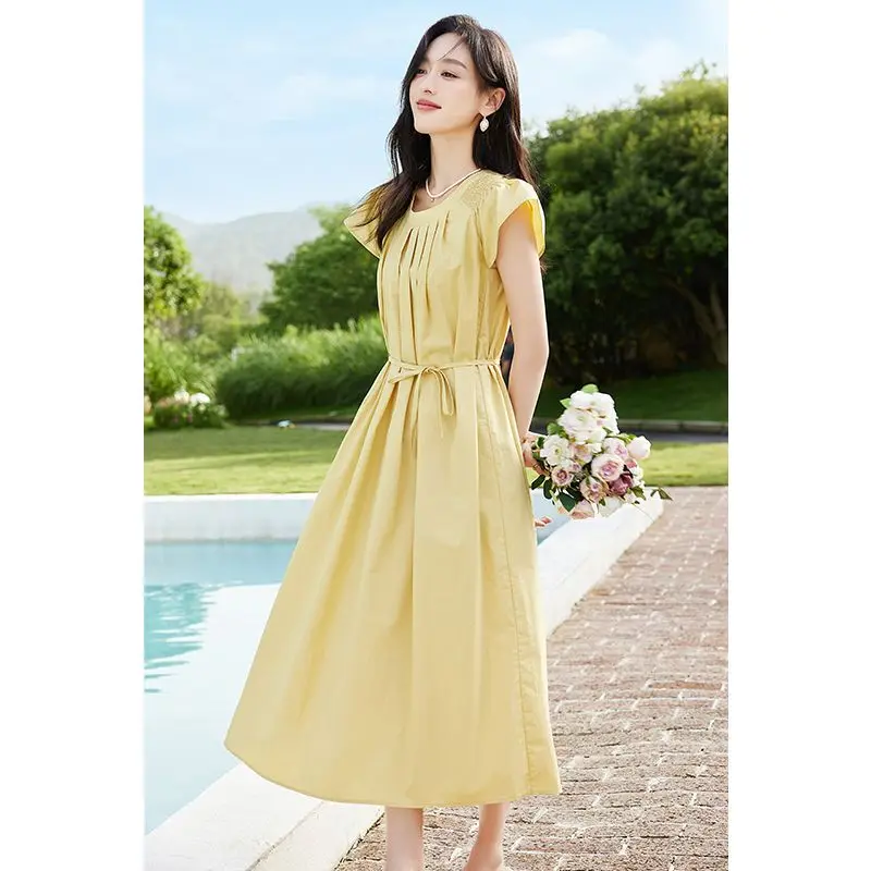 2024 Summer Pure Cotton Women's Long Yellow Round Neck Flying Sleeve A-Line Skirt Ladies Fashion Elegant Casual Women's Wear