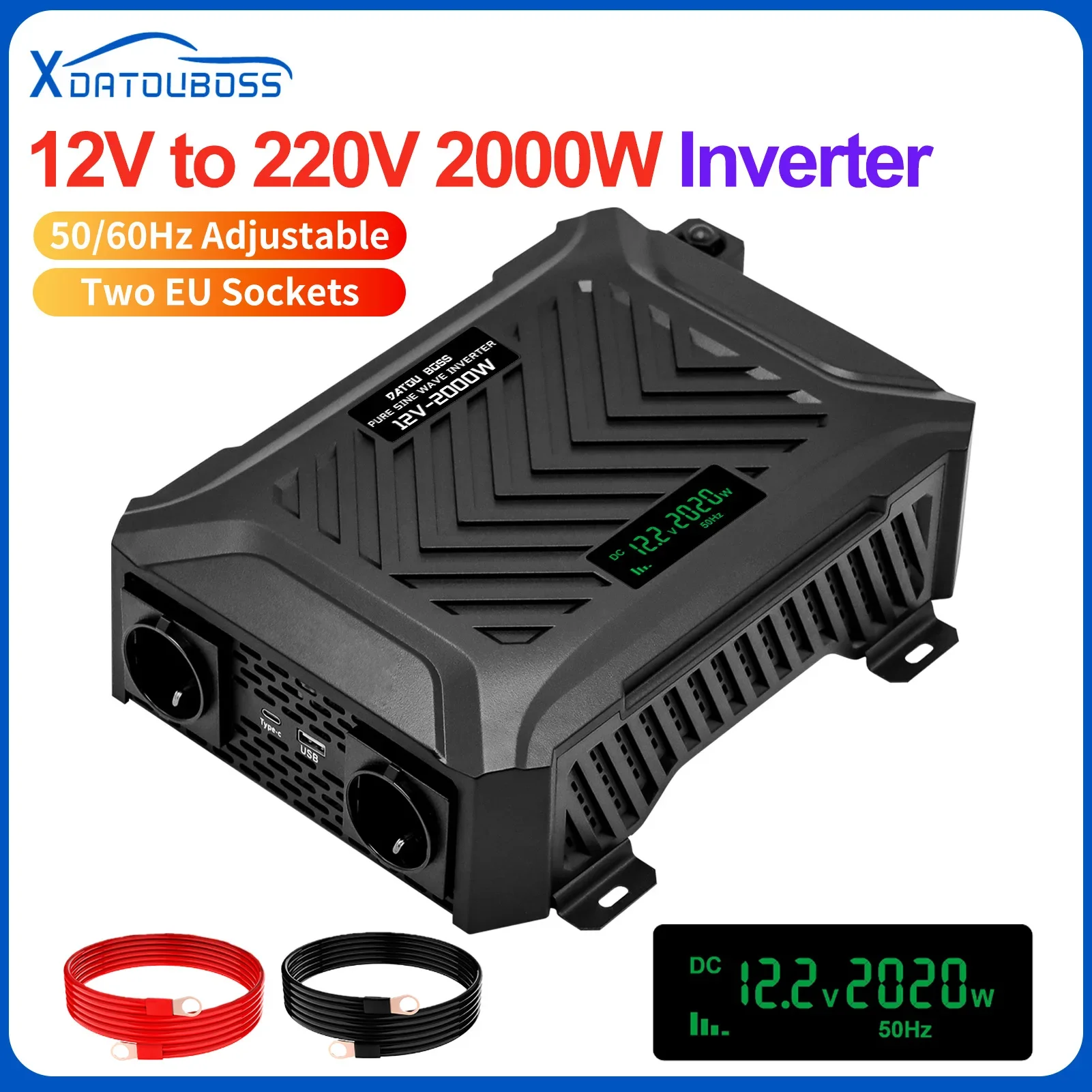 Inversor Datou Boss 2000W 50/60Hz Ajustable De Cc 12V A Ca 220V Con Pantalla Lcd Usb, Inversor 12V 220V 4000W Potencia Pico, Dos Tomas De Corriente — -29%, 91.45€ Coupon, from 213.39€ – 29% descuento – €213.39