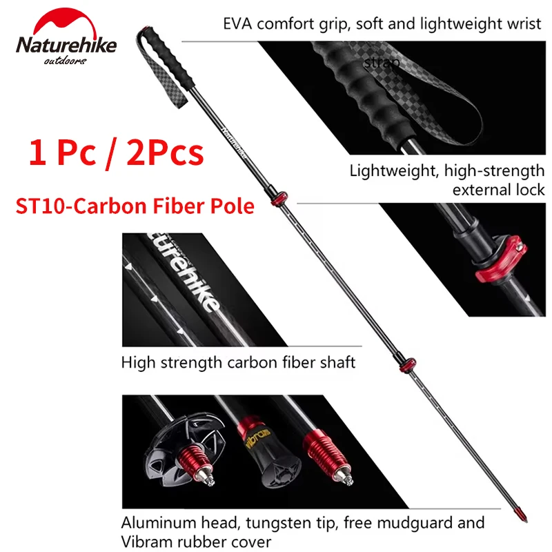 Naturehike ST10 Carbon Fiber Trekking Pole 3 Section Telescopic Rod Ultralight Hiking Mountaineering EXT2 Walking Stick Cane